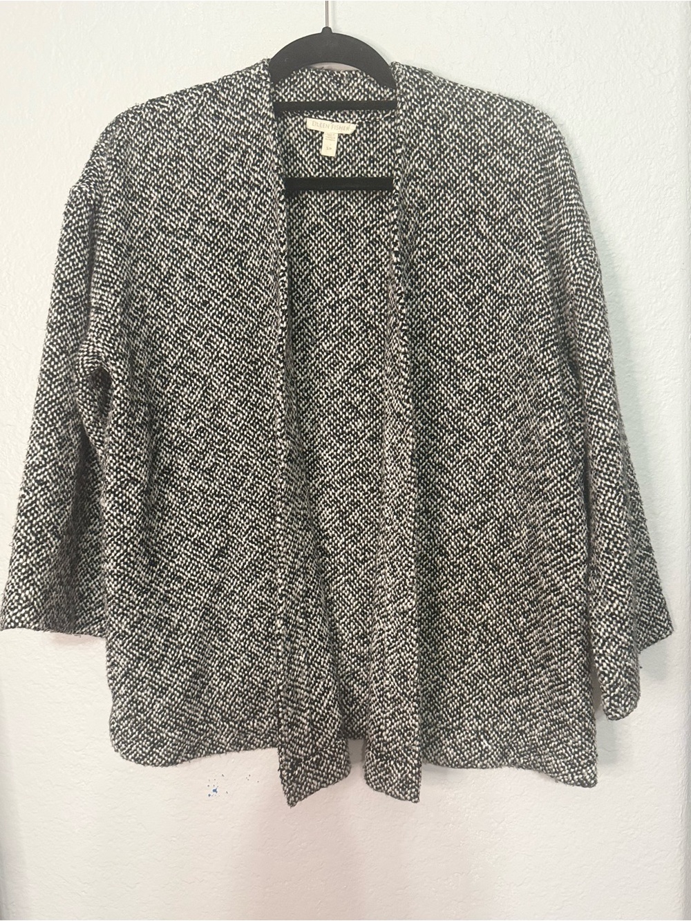 Eileen Fisher Black and White Marled Open-Front Cardigan